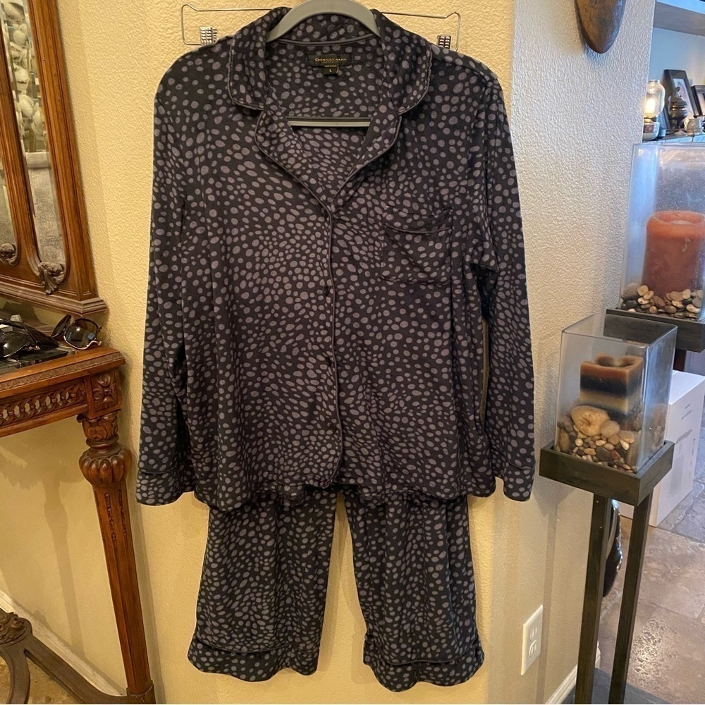 DONNA KAREN Women Black Gray Polka Dot 2-Piece Super Soft Pajamas Size Large